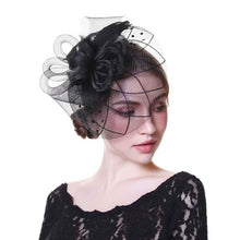 Load image into Gallery viewer, Flower Net Ribbon Feather Cocktail Headdress